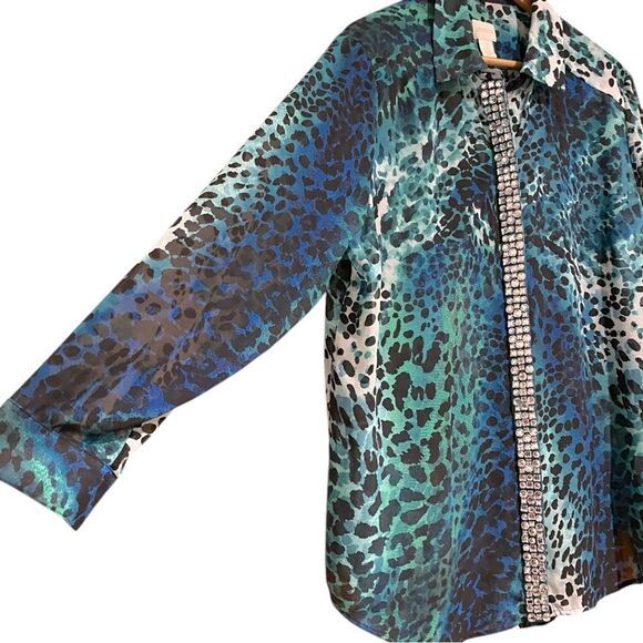 Chico’s Blue & Green Animal Print & Rhinestone Sheer Button Up Size 3, XXL - Picture 3 of 10